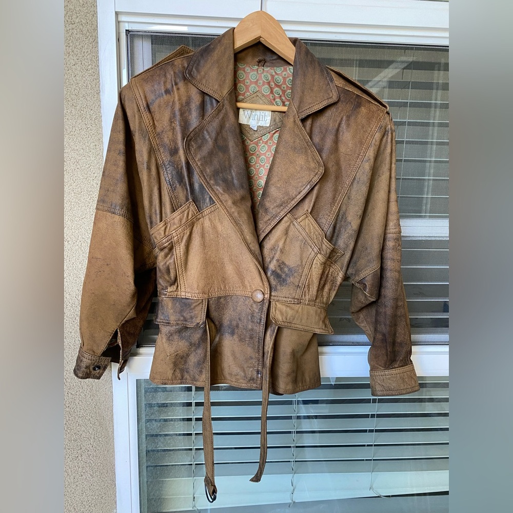 Winlit vintage Taxi brown genuine leather patch jacket